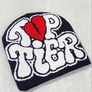 Navy blue Top Tier Beanie with Heart Design